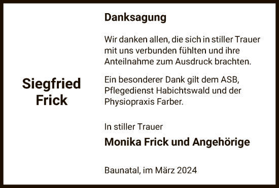 Traueranzeige von Siegfried Frick von HNA