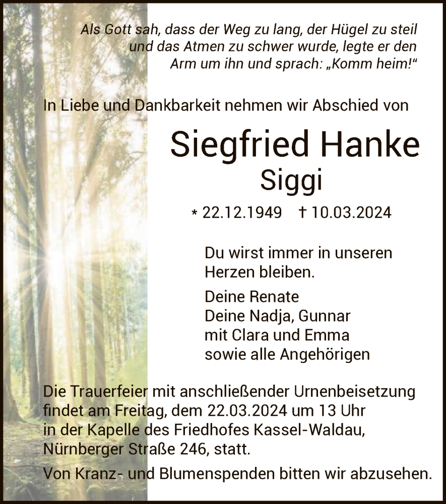  Traueranzeige für Siegfried Hanke vom 16.03.2024 aus HNA