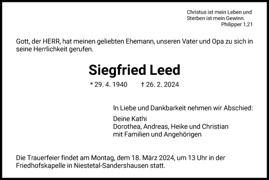 Traueranzeige von Siegfried Leed von HNA