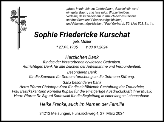 Traueranzeige von Sophie Kurschat von HNAHNA