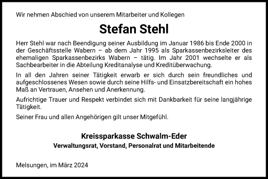 Traueranzeige von Stefan Stehl von HNA