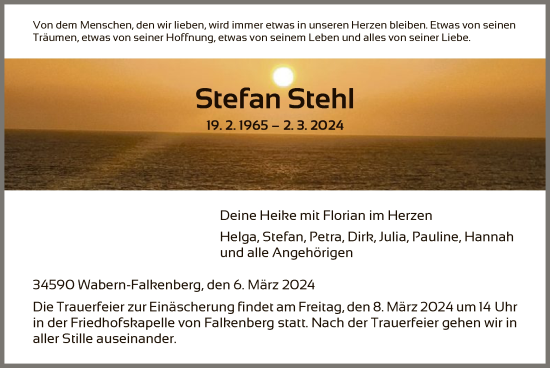 Traueranzeige von Stefan Stehl von HNA