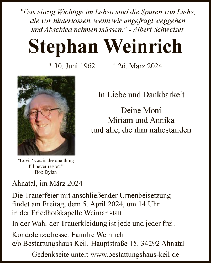  Traueranzeige für Stephan Weinrich vom 30.03.2024 aus HNAHNAWLZ