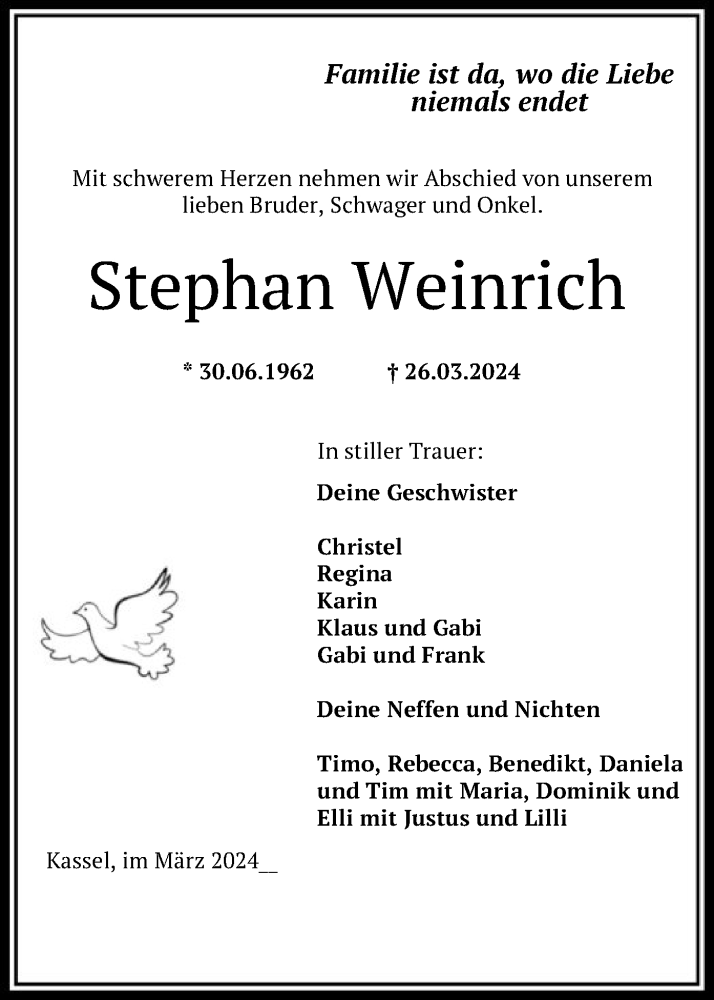 Traueranzeige für Stephan Weinrich vom 30.03.2024 aus HNA