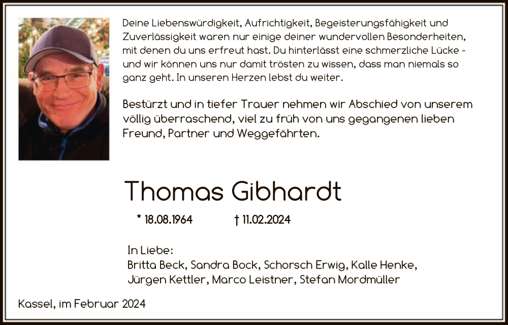  Traueranzeige für Thomas Gibhardt vom 02.03.2024 aus HNA