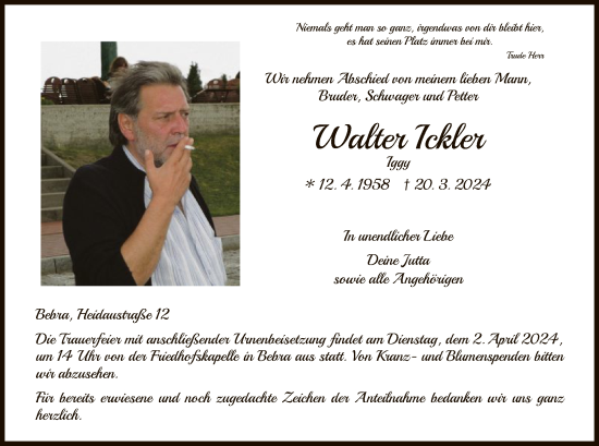 Traueranzeige von Walter Ickler von HNA