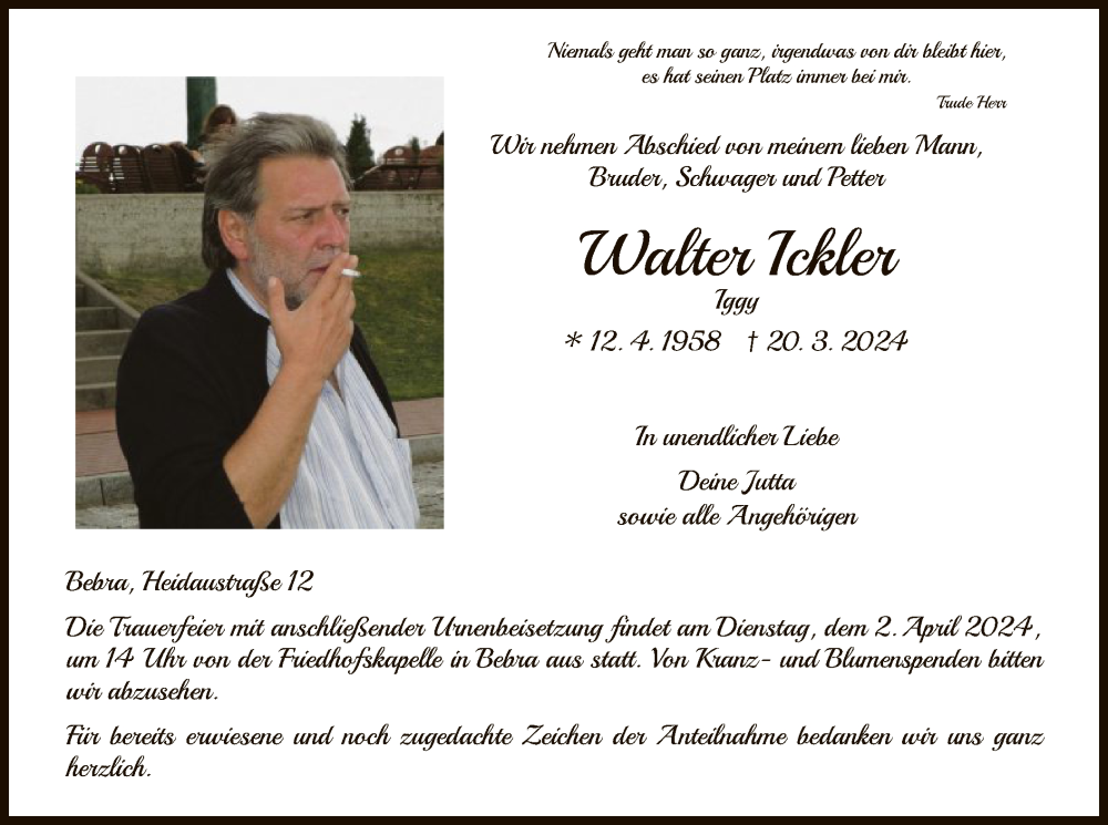  Traueranzeige für Walter Ickler vom 27.03.2024 aus HNA