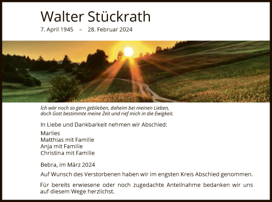 Traueranzeige von Walter Stückrath von HNA