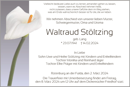 Traueranzeige von Waltraud Stöltzing von HNAHNA