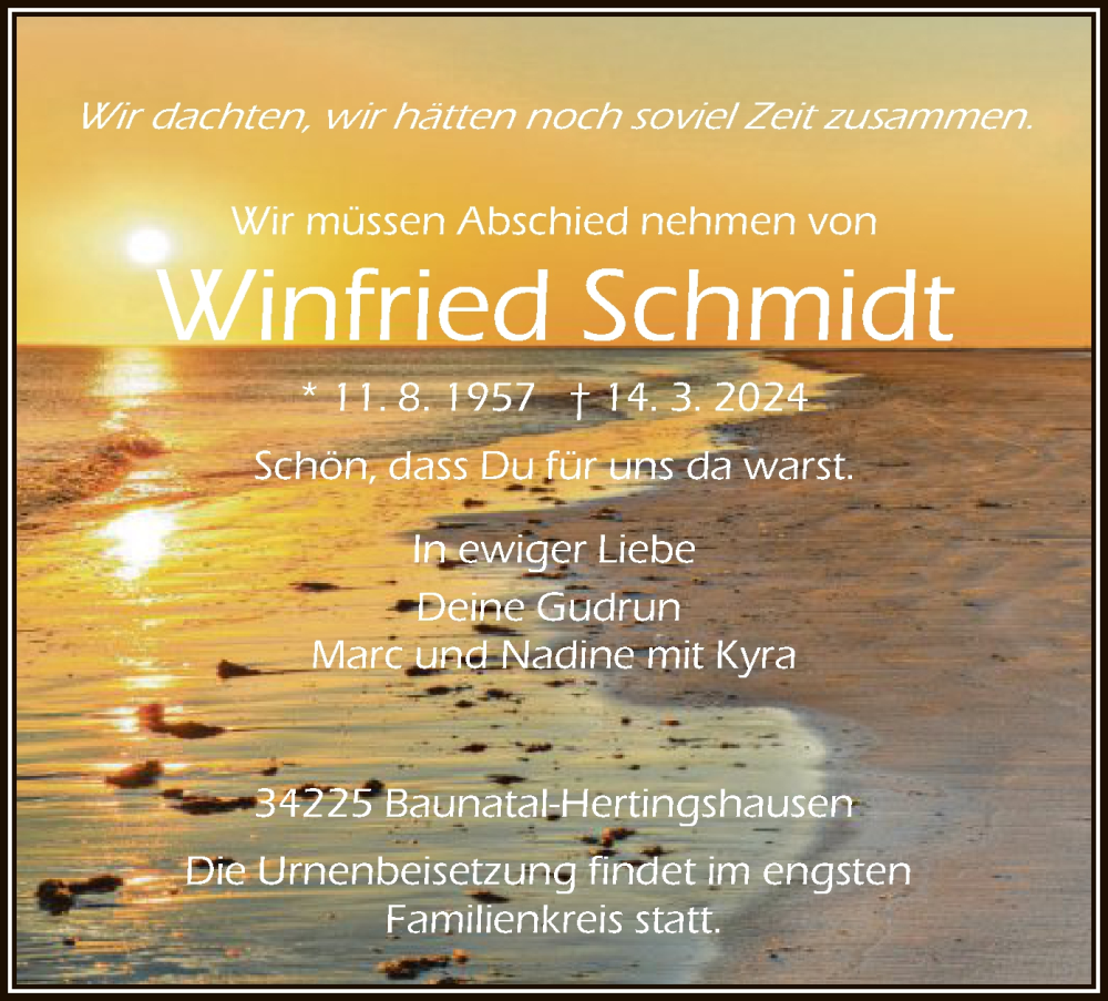  Traueranzeige für Winfried Schmidt vom 30.03.2024 aus HNA