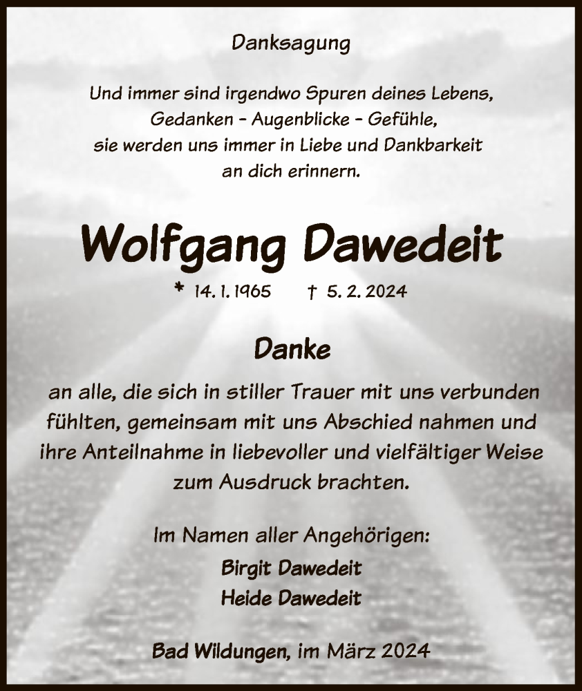  Traueranzeige für Wolfgang Dawedeit vom 23.03.2024 aus WLZHNA