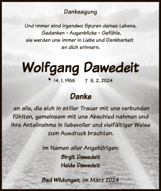 Traueranzeige von Wolfgang Dawedeit von WLZHNA