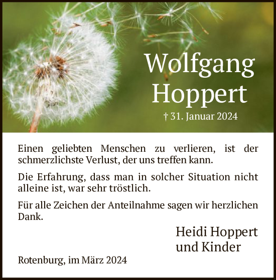 Traueranzeige von Wolfgang Hoppert von HNA