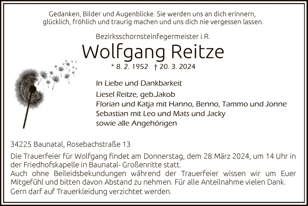  Traueranzeige für Wolfgang Reitze vom 26.03.2024 aus HNA