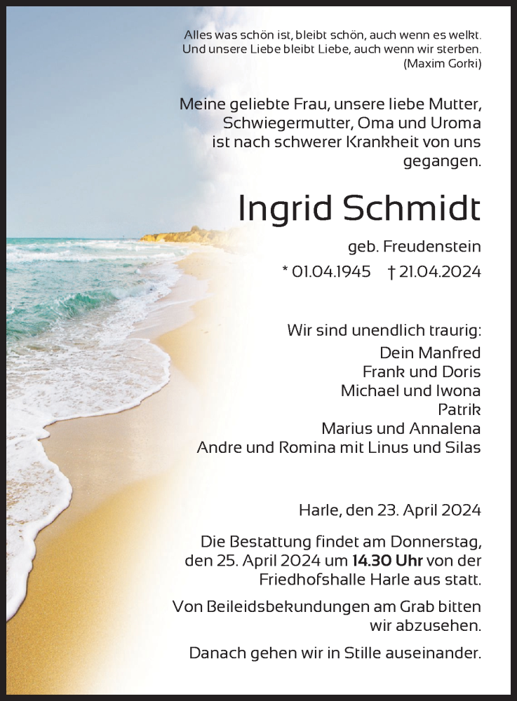  Traueranzeige für Ingrid Schmidt vom 23.04.2024 aus HNA