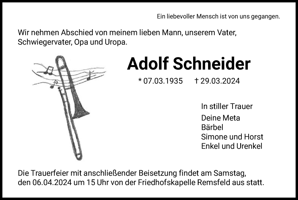  Traueranzeige für Adolf Schneider vom 03.04.2024 aus HNA