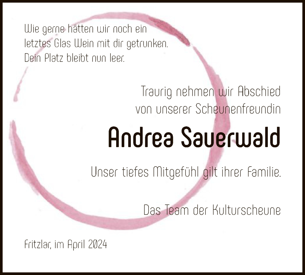  Traueranzeige für Andrea Sauerwald vom 13.04.2024 aus HNA