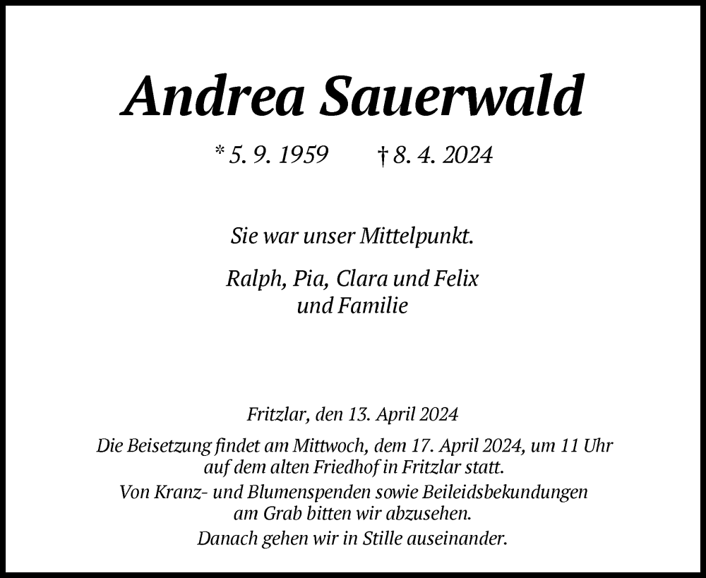  Traueranzeige für Andrea Sauerwald vom 13.04.2024 aus HNA