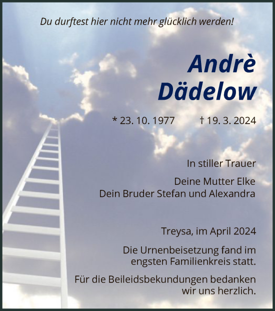 Traueranzeige von Andrè Dädelow von HNA