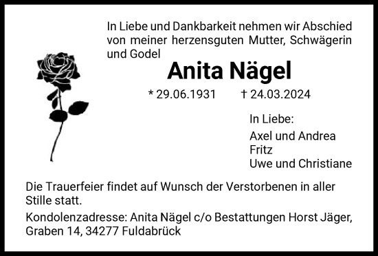 Traueranzeige von Anita Nägel von HNA