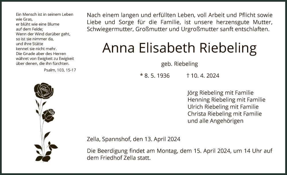  Traueranzeige für Anna Elisabeth Riebeling vom 13.04.2024 aus HNA