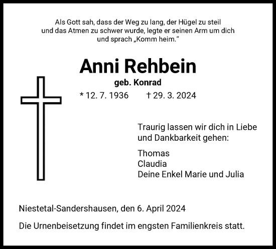 Traueranzeige von Anni Rehbein von HNA