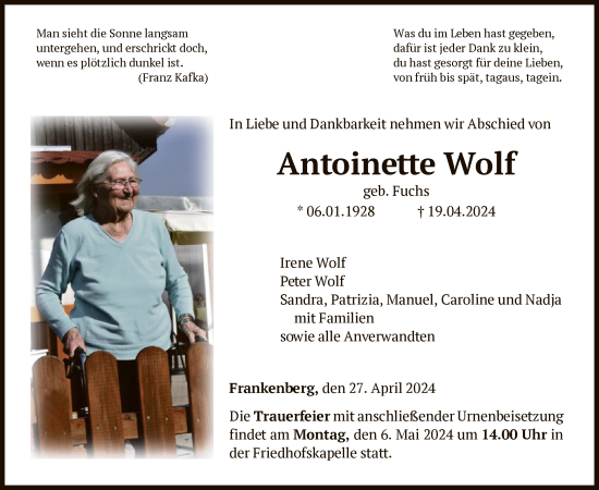 Traueranzeige von Antoinette Wolf von HNA