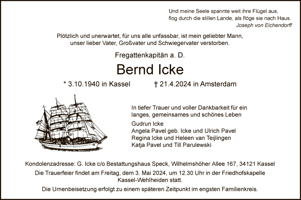  Traueranzeige für Bernd Icke vom 27.04.2024 aus HNA