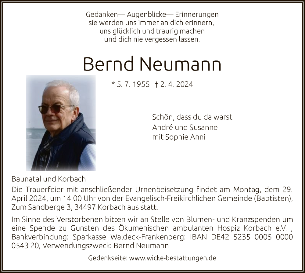  Traueranzeige für Bernd Neumann vom 13.04.2024 aus HNA