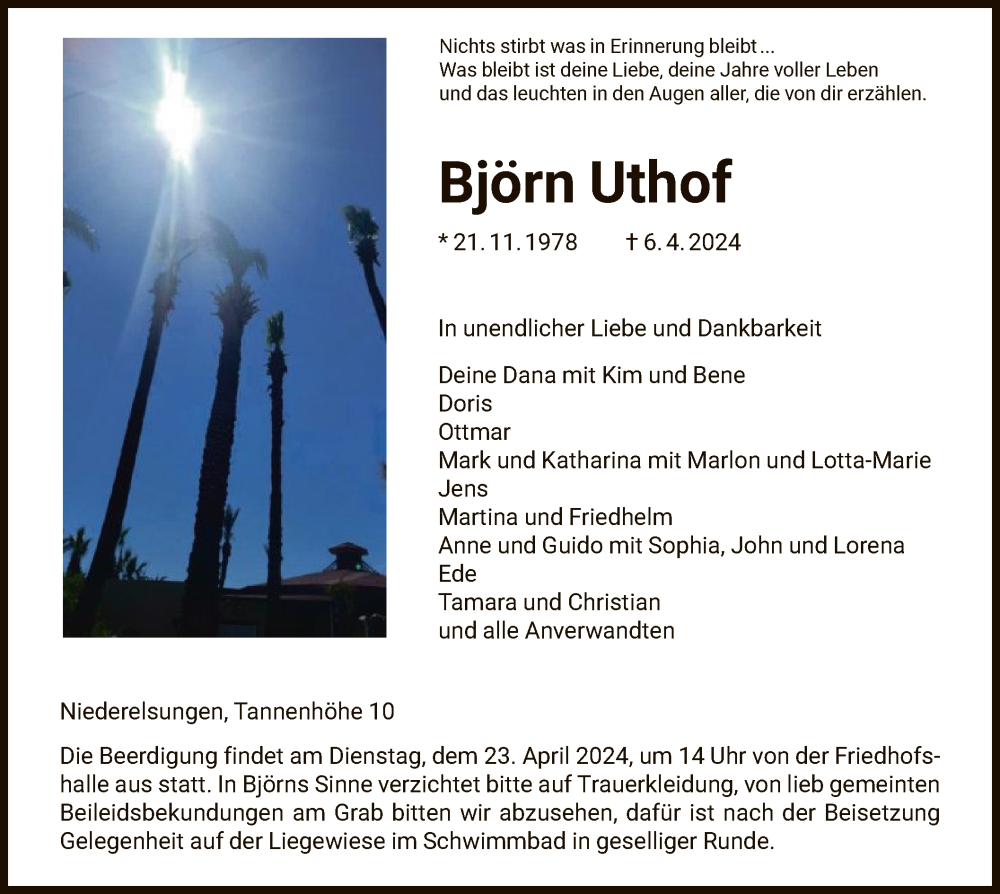  Traueranzeige für Björn Uthof vom 20.04.2024 aus HNA