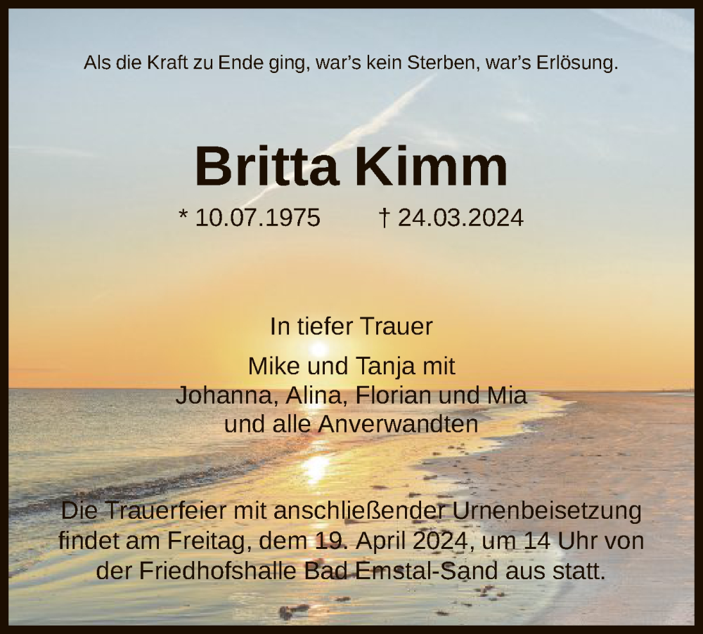  Traueranzeige für Britta Kimm vom 13.04.2024 aus HNA