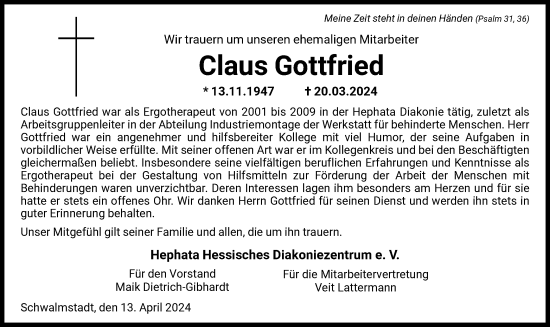 Traueranzeige von Claus Gottfried von HNA