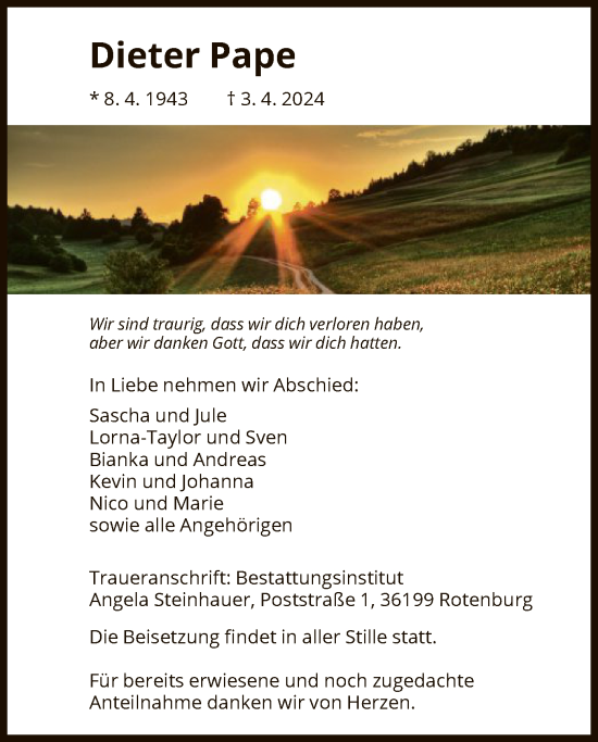 Traueranzeige von Dieter Pape von HNA
