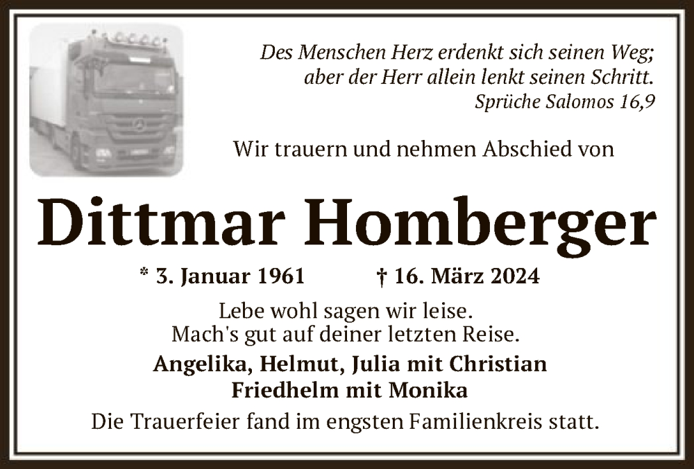  Traueranzeige für Dittmar Homberger vom 06.04.2024 aus HNAHNAHNA