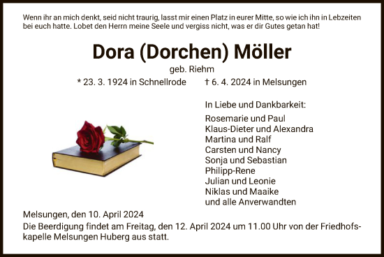 Traueranzeige von Dora Möller von HNA