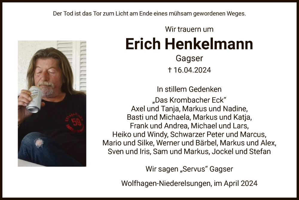  Traueranzeige für Erich Henkelmann vom 20.04.2024 aus HNA