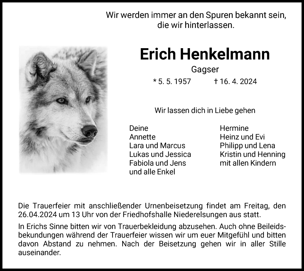  Traueranzeige für Erich Henkelmann vom 20.04.2024 aus HNA