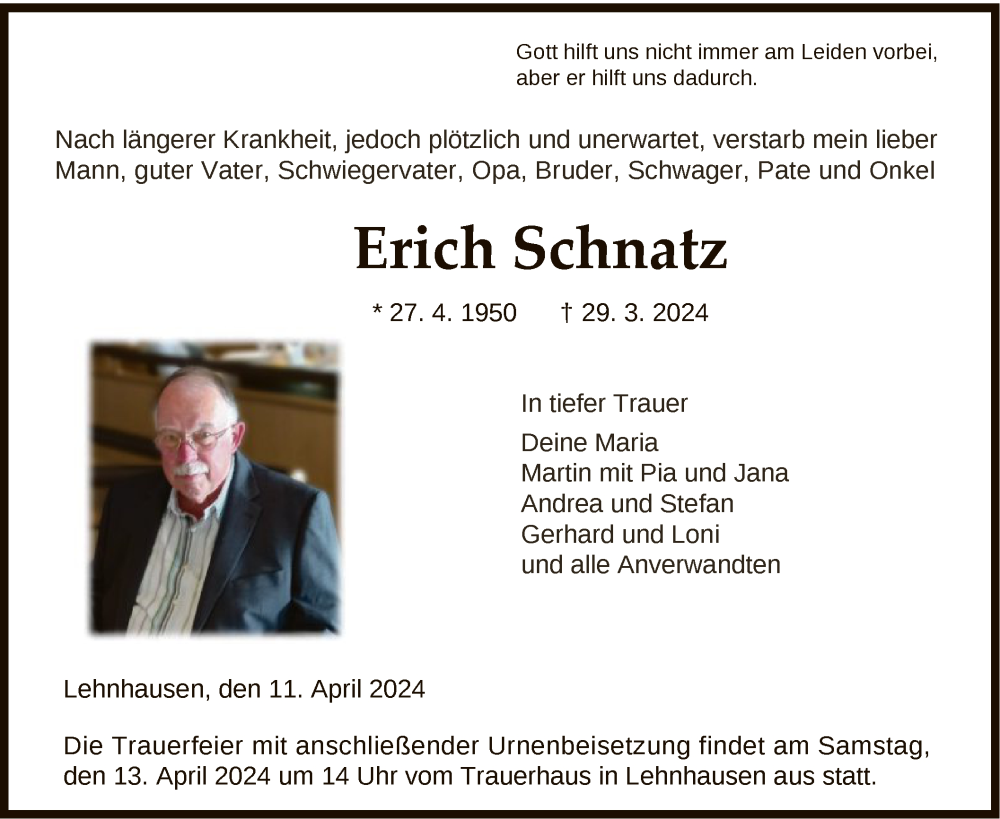  Traueranzeige für Erich Schnatz vom 11.04.2024 aus HNA