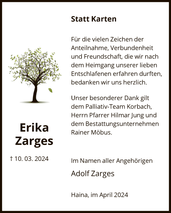 Traueranzeige von Erika Zarges von HNA