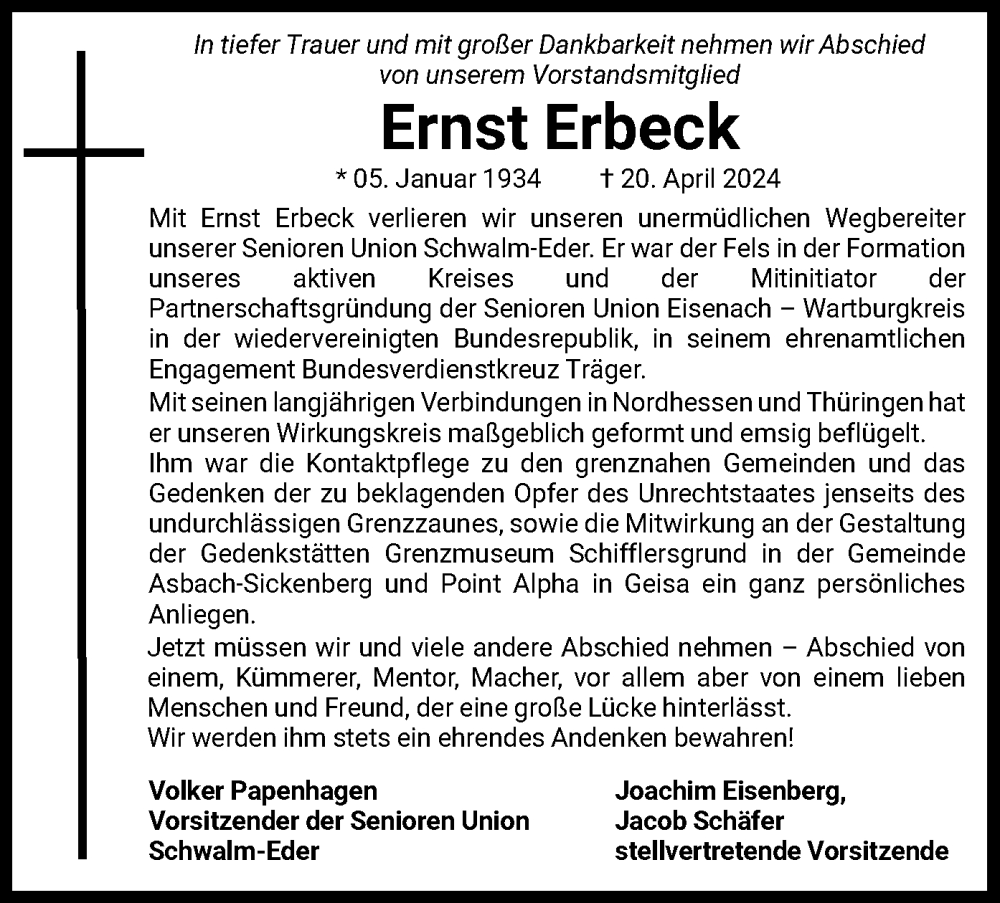  Traueranzeige für Ernst Erbeck vom 25.04.2024 aus HNA