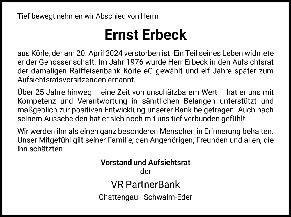  Traueranzeige für Ernst Erbeck vom 25.04.2024 aus HNA