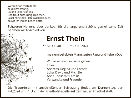 Traueranzeige von Ernst Thein von HNA