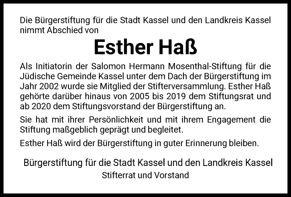  Traueranzeige für Esther Haß vom 17.04.2024 aus HNA