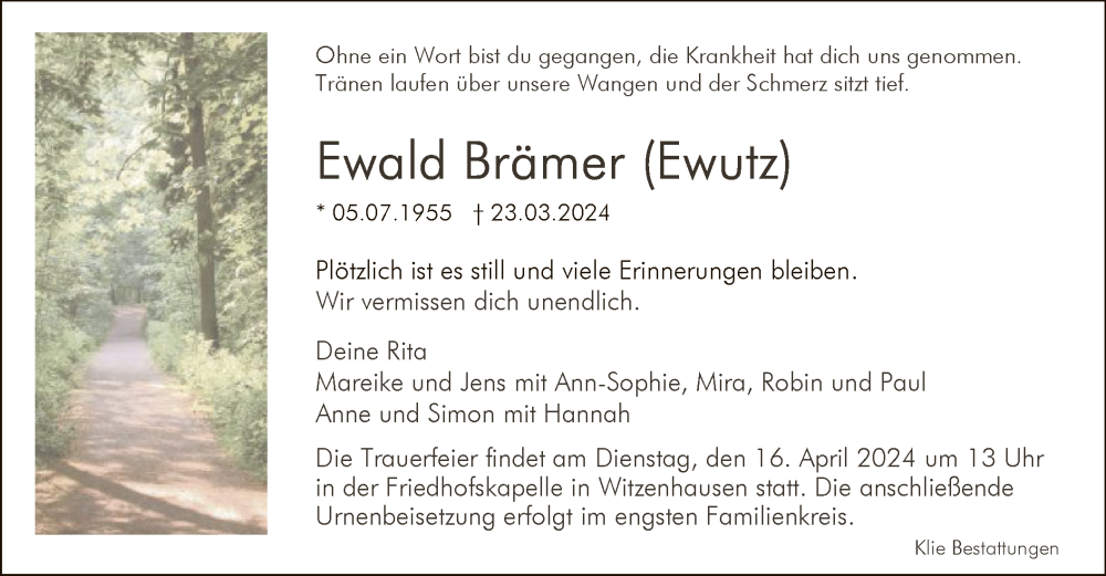  Traueranzeige für Ewald Brämer vom 13.04.2024 aus HNA