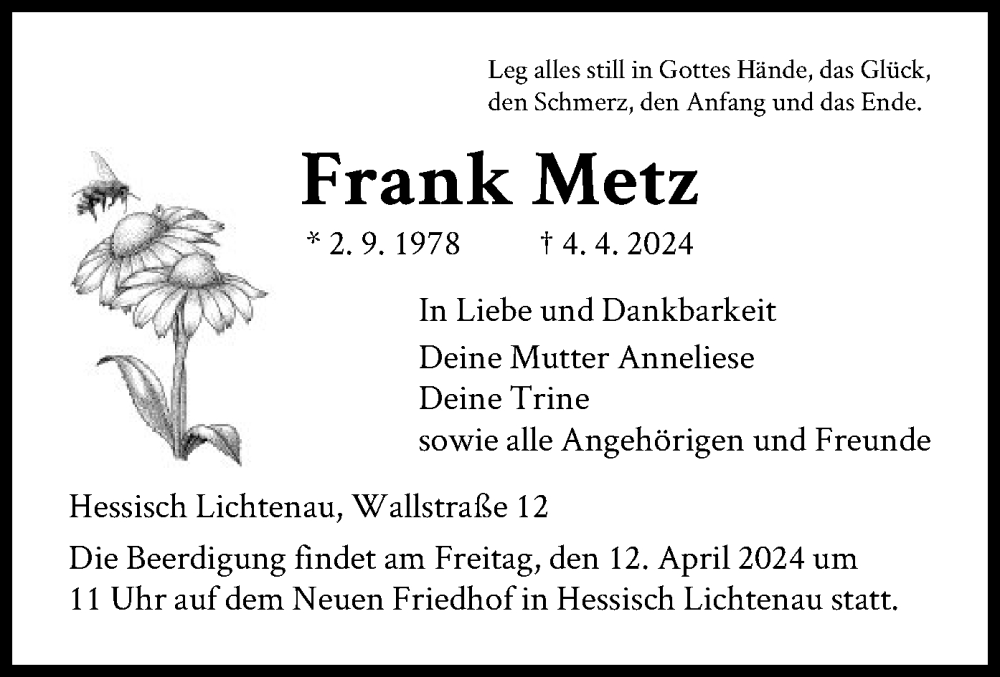  Traueranzeige für Frank Metz vom 09.04.2024 aus HNA