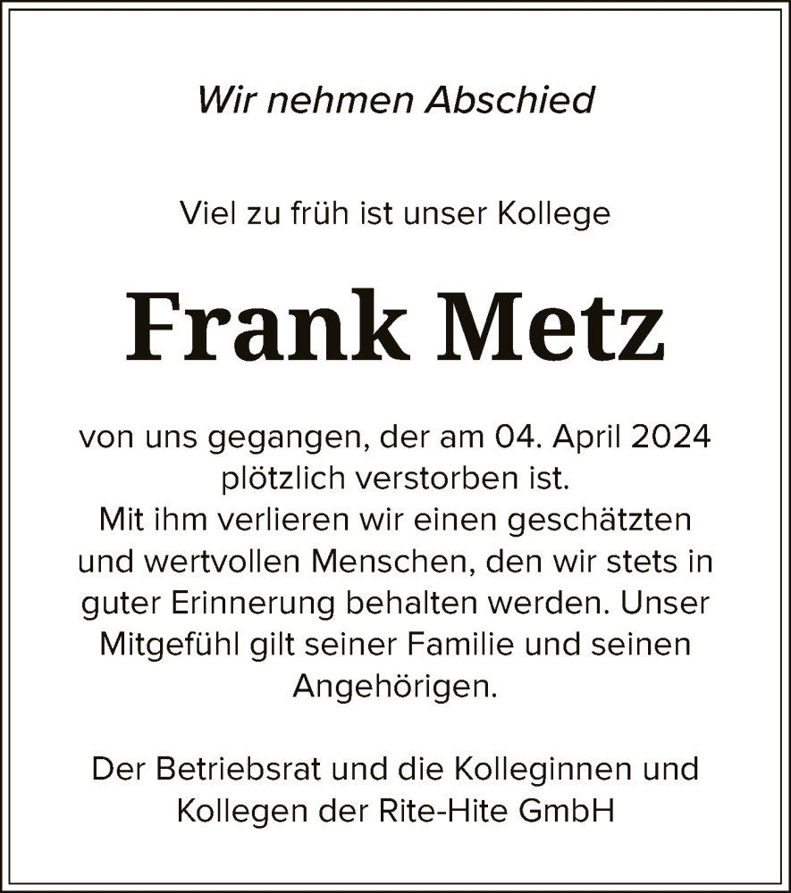  Traueranzeige für Frank Metz vom 12.04.2024 aus HNA