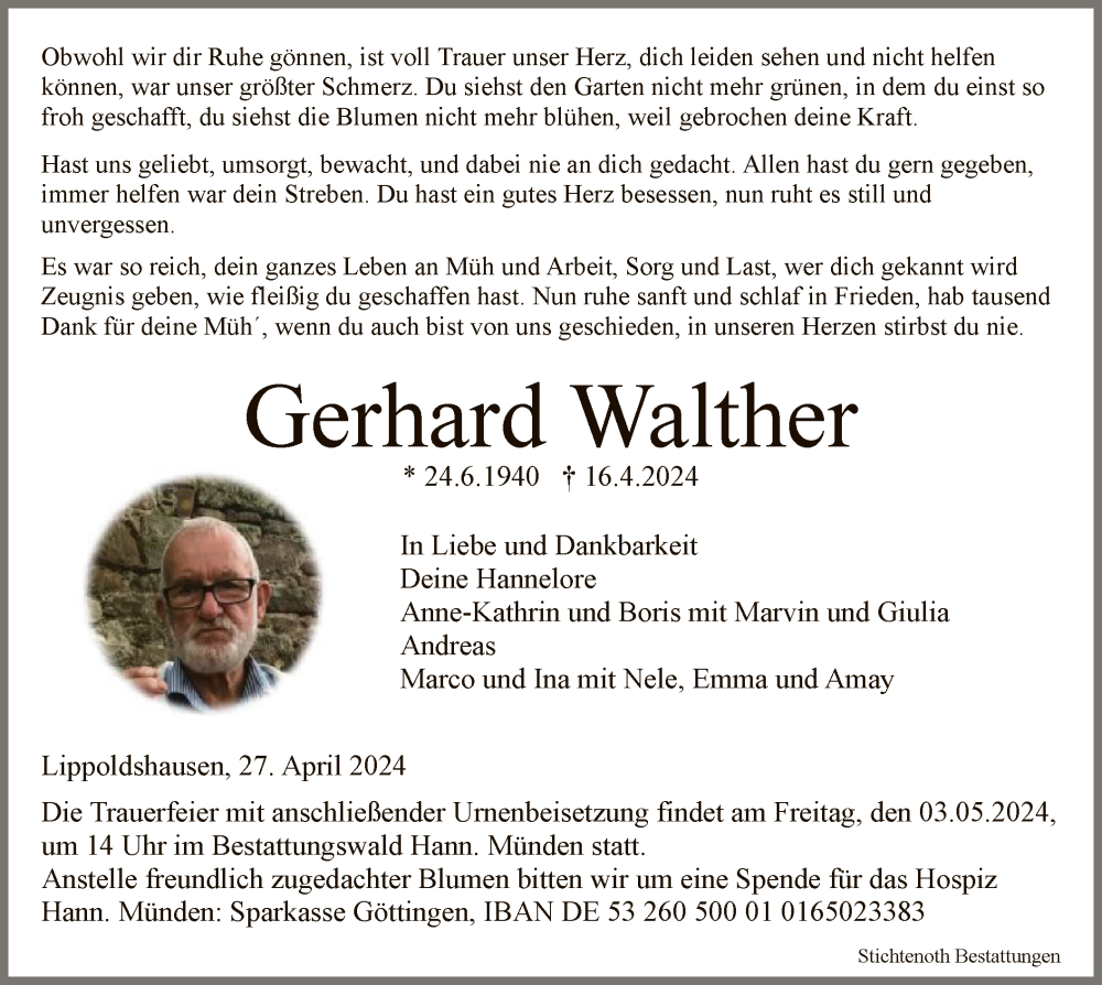  Traueranzeige für Gerhard Walther vom 27.04.2024 aus HNA