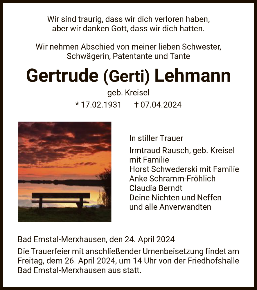  Traueranzeige für Gertrude Lehmann vom 24.04.2024 aus HNA