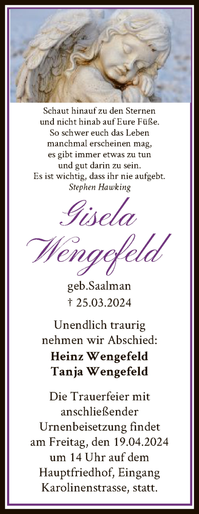 Traueranzeige für Gisela Wengefeld vom 13.04.2024 aus HNA