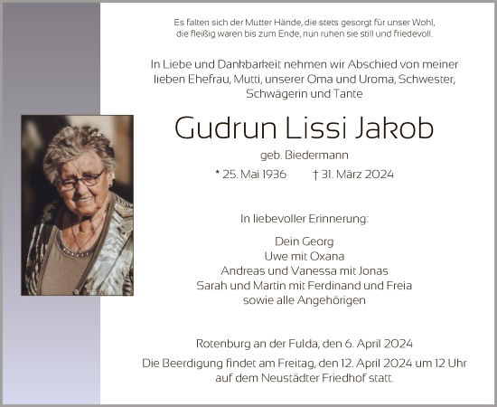 Traueranzeige von Gudrun Lissi Jakob von HNA